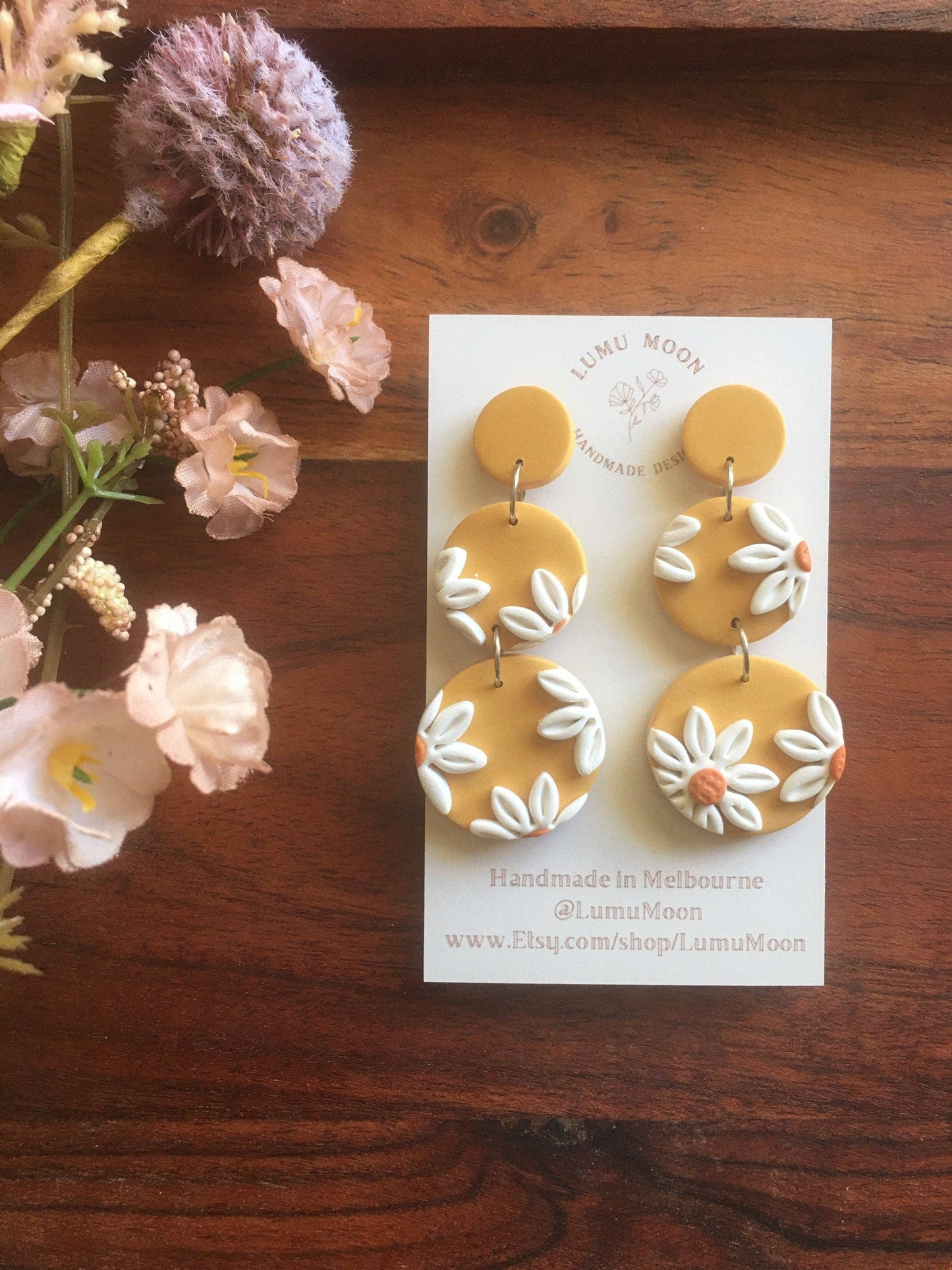 Yellow and Daisy Dangle Earrings: Short Dangle