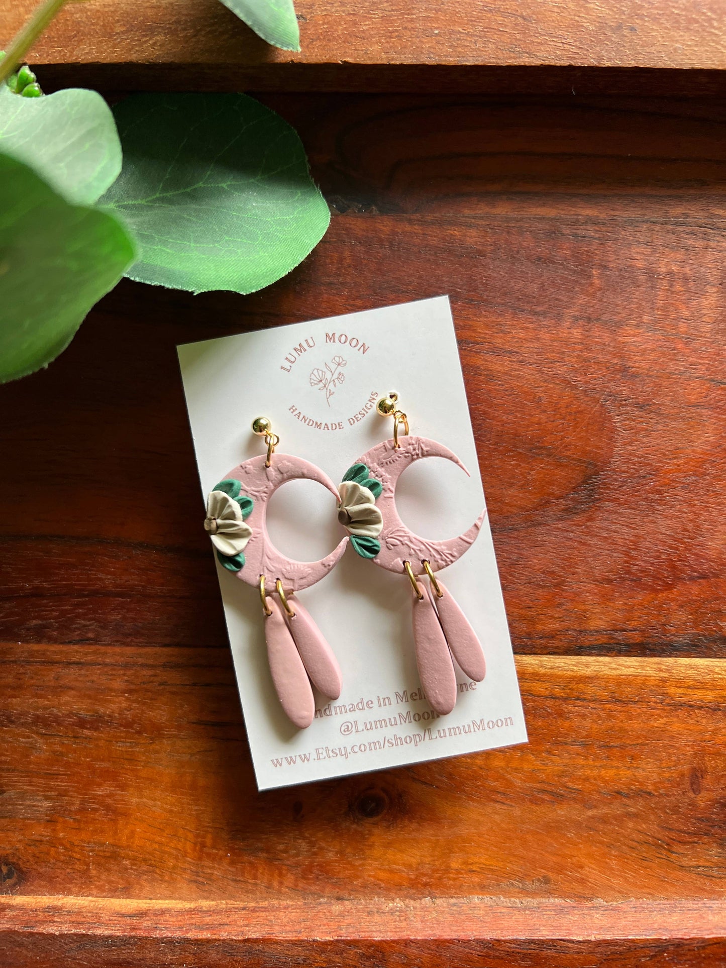 Floral Moon Earrings: Pink