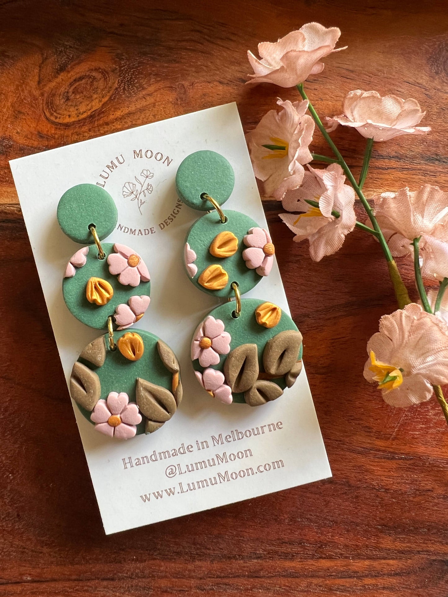 Green and Pink Blossom Earrings - Spring - Long Dangle