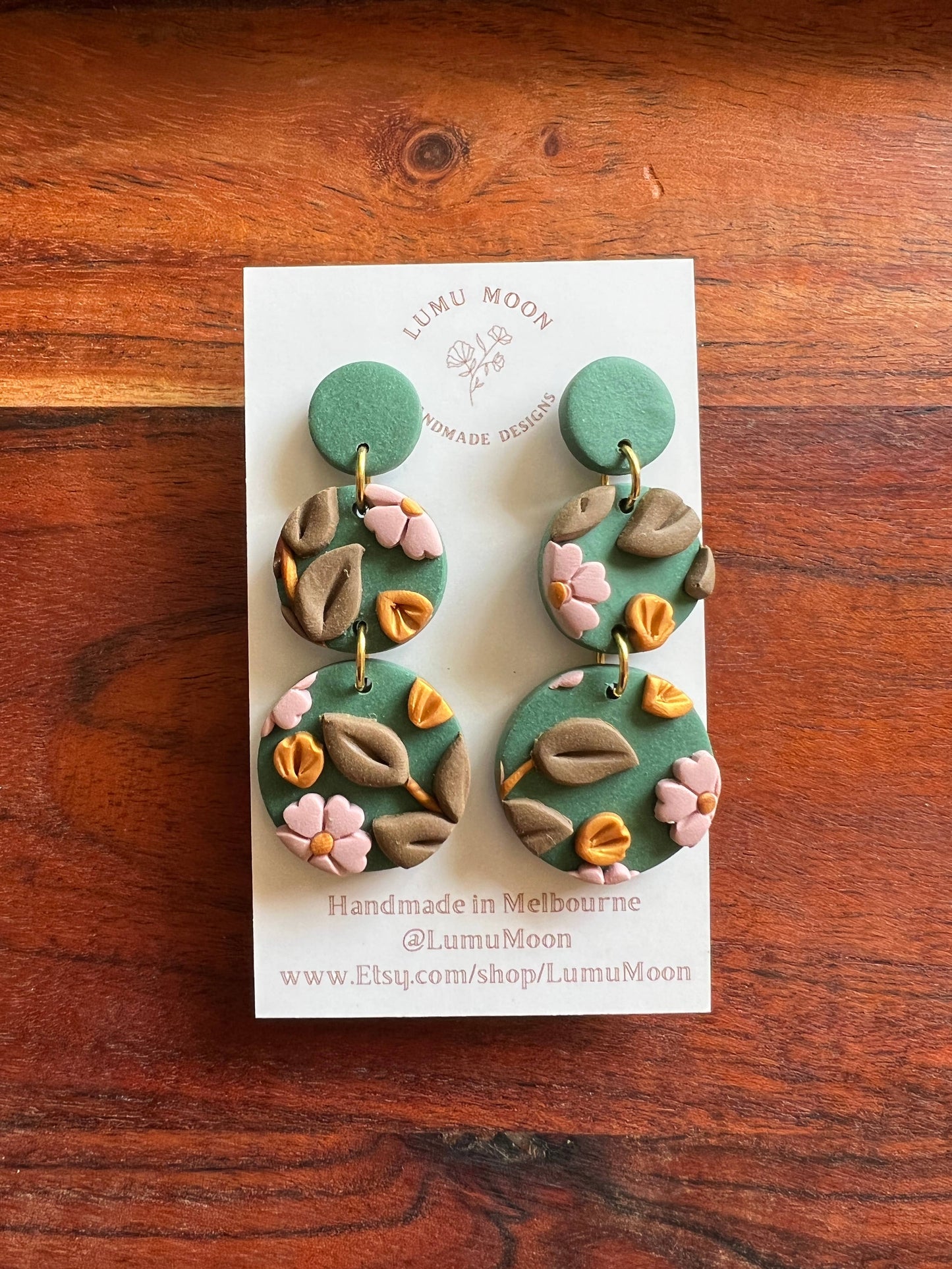 Green and Pink Blossom Earrings - Spring - Long Dangle