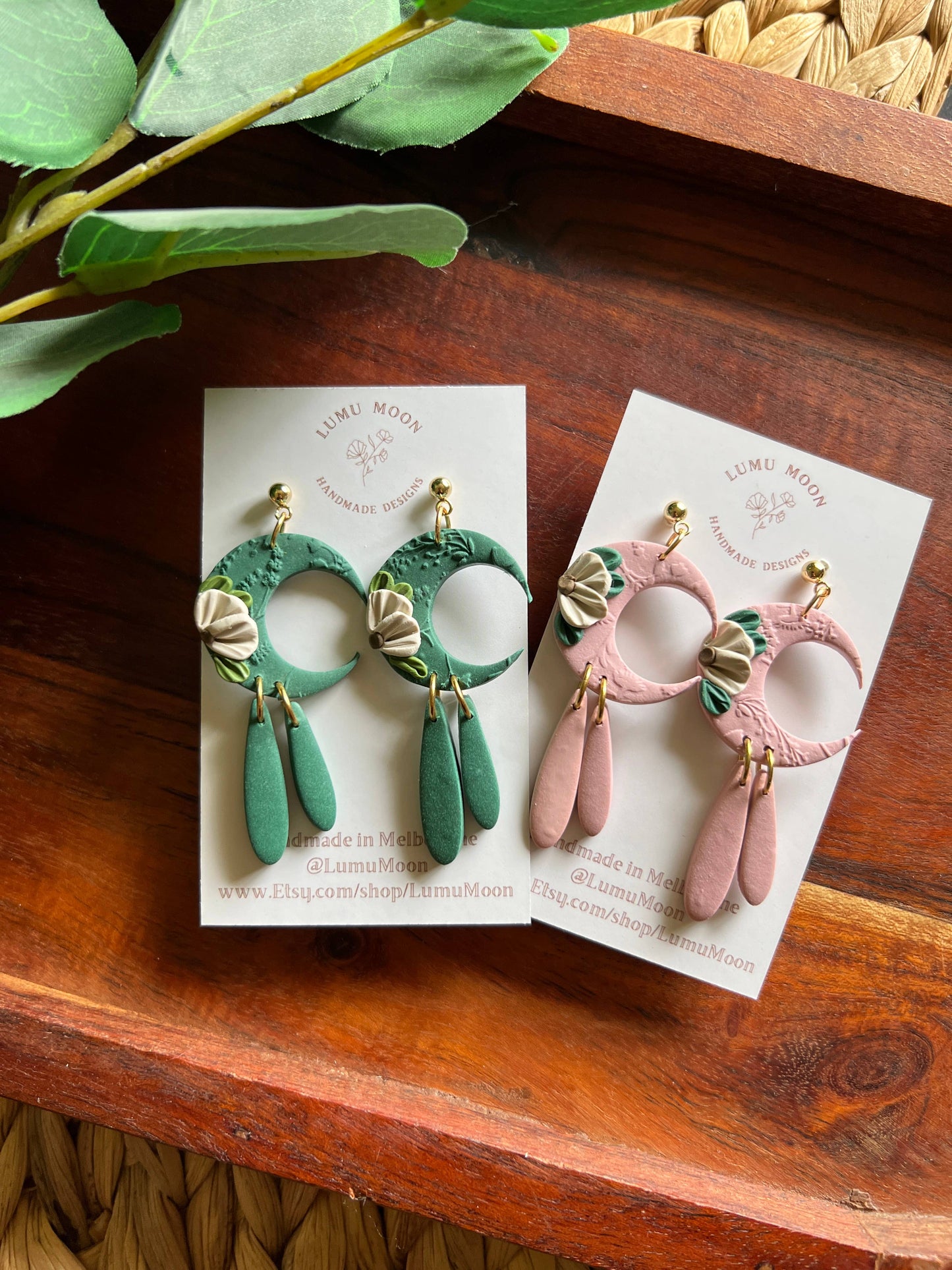 Floral Moon Earrings: Pink