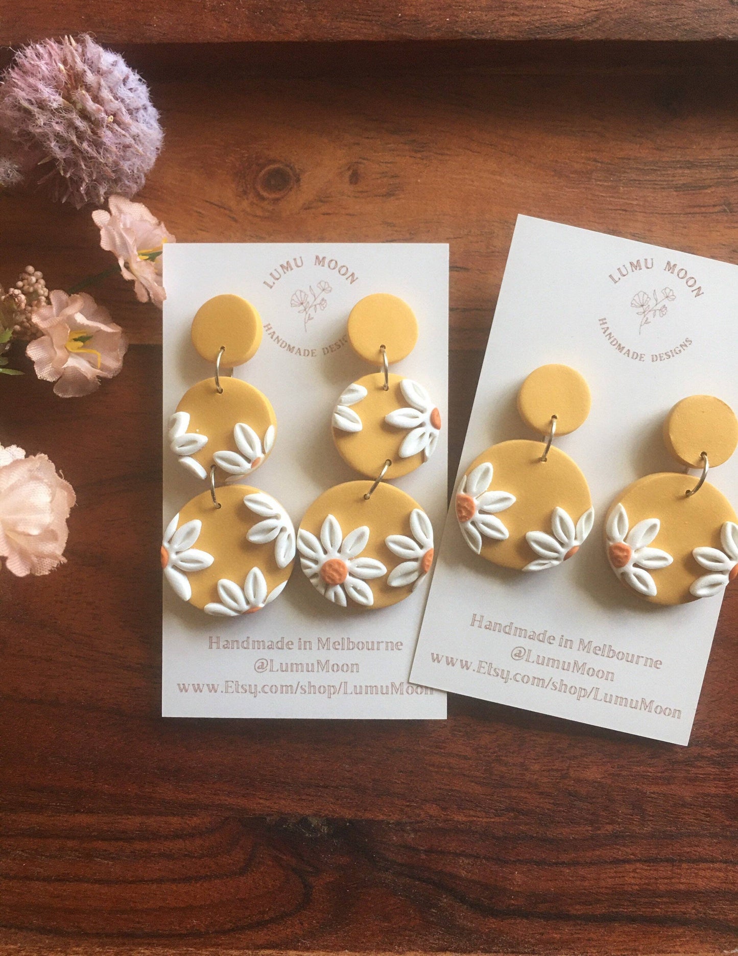 Yellow and Daisy Dangle Earrings: Short Dangle