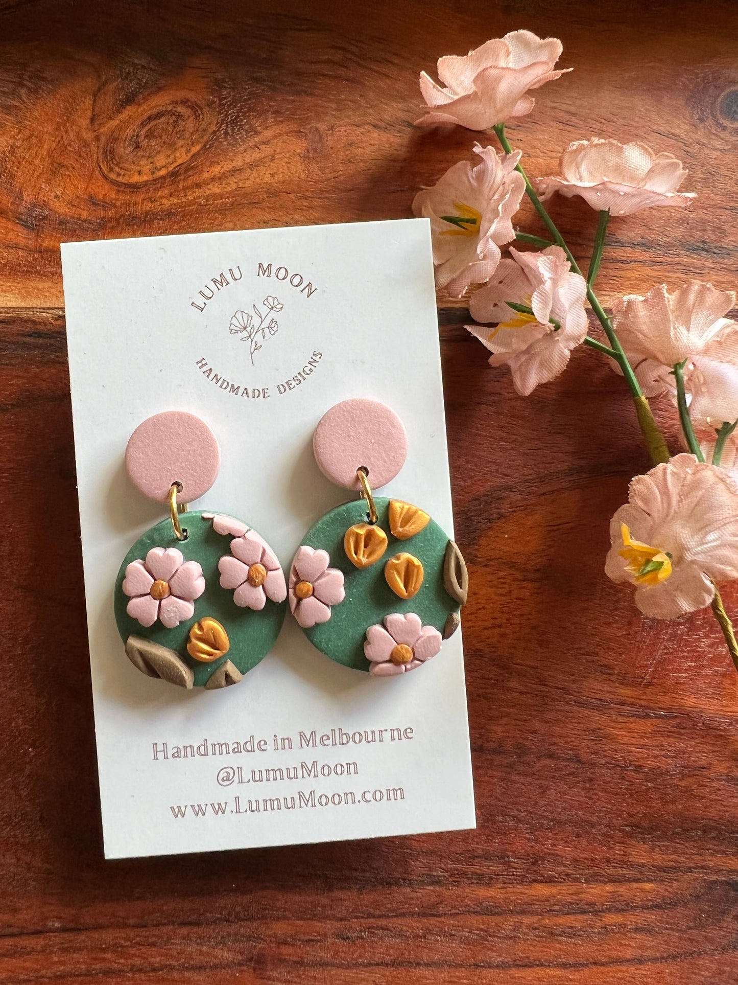 Green and Pink Blossom Earrings - Spring