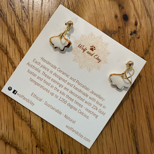 Ginkgo - Porcelain Earrings with Gold: White